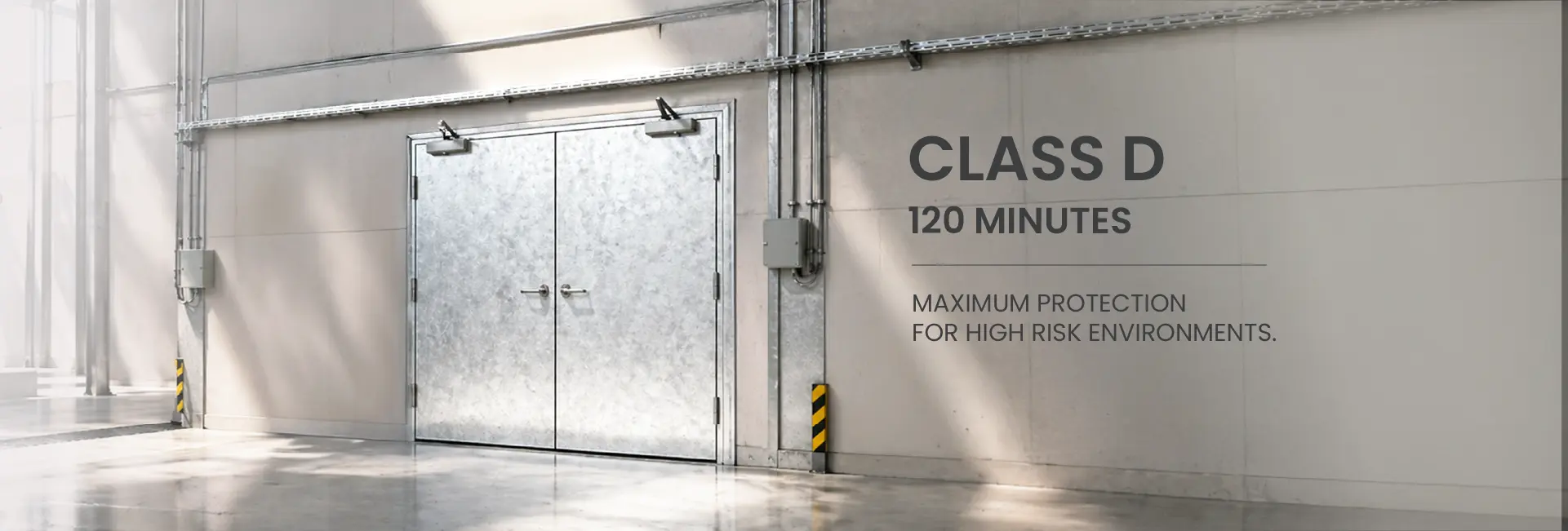 Class D Fire Doors | 120 Minute Fire Rating | Doors Online Galvanised Class D 120-minute fire-rated double doors installed in a high-risk industrial facility.